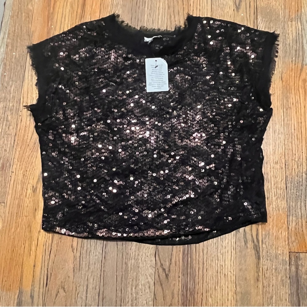 Joie NEW bronze Sequin Black lace Top